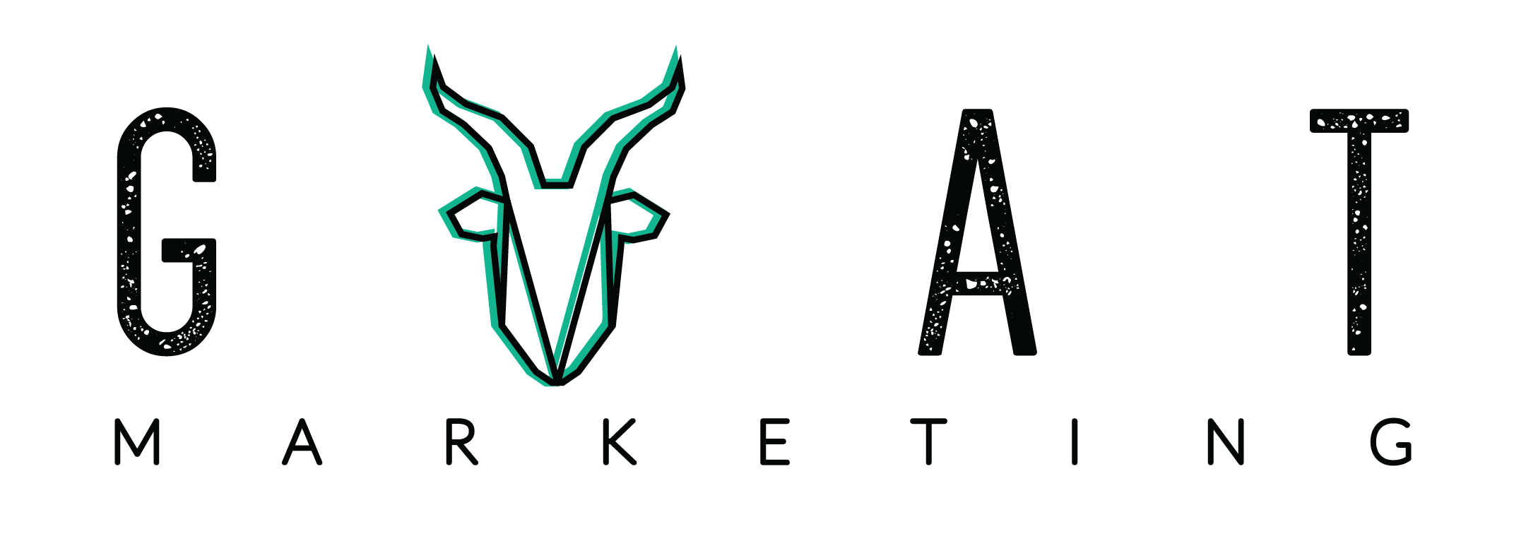 Black and green GOAT Marketing logo with the outline of a goat head as the letter "O".