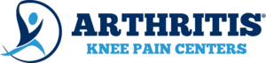 Blue text arthritis knee pain centers logo with blue human figure.