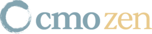 CMO Zen logo - a a zen circle and "cmo" in teal grey color, "zen" in mustard yellow color.