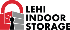 Red and grey lock with text, "Lehi Indoor Storage"